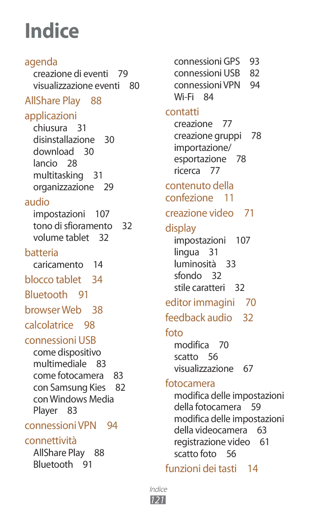 Samsung GT-P5110ZWAXEO Impostazioni 107 tono di sfioramento 32 volume tablet , Caricamento , AllShare Play Bluetooth  